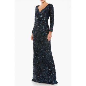 Ieena Mac Duggal 26445 Sequin Long Sleeve Gown 4 Midnight Blue Black Tie NWT
